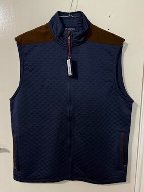 Cremieux Navy Quilted Vest with Brown Shoulder Accents
